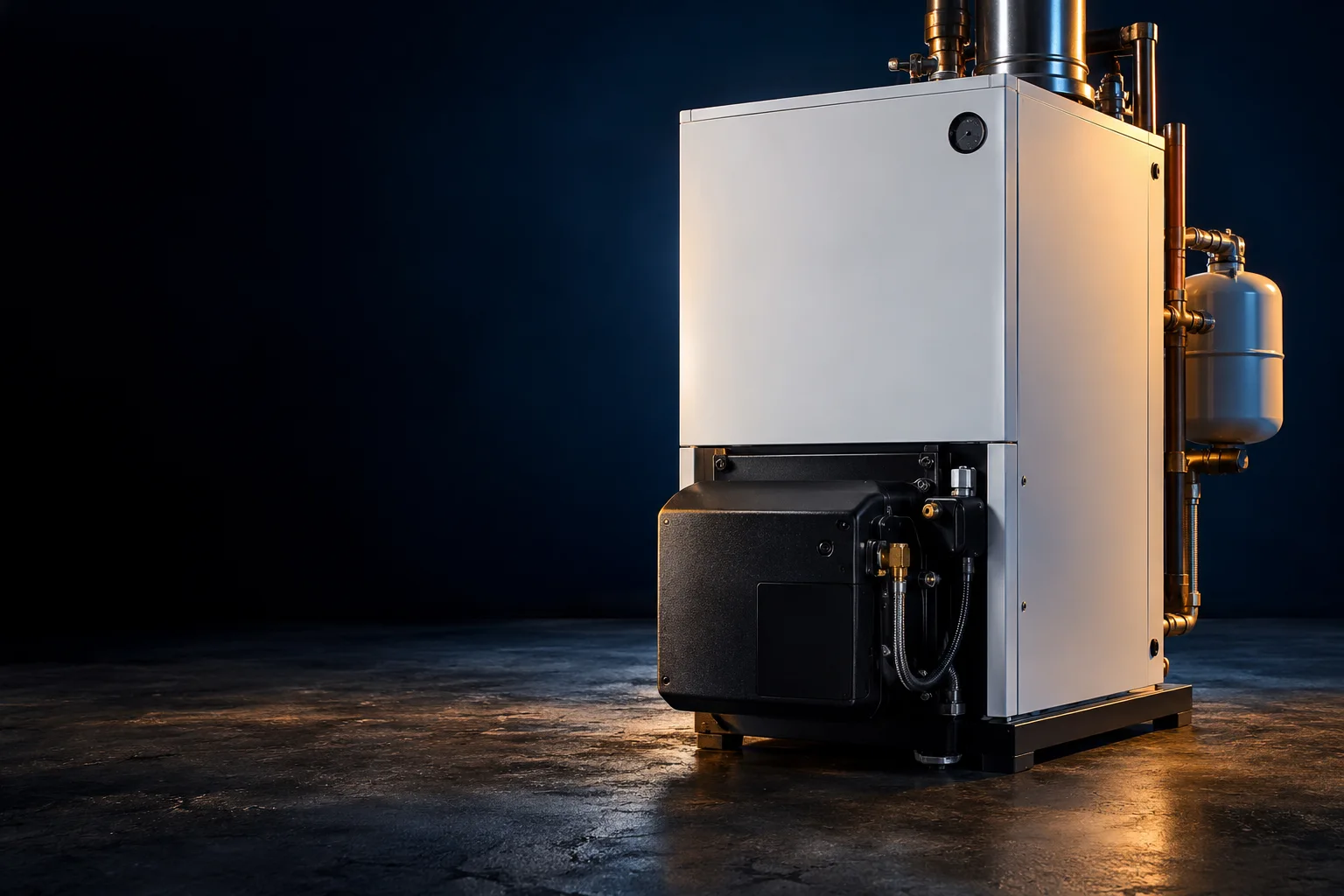 Illustrative studio image of an oil boiler in dramatic warm light